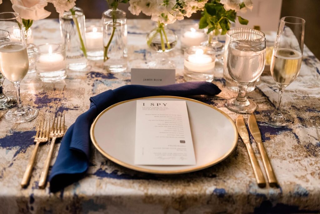 A beautiful table setting at a reception at a Baltimore Museum of Art Wedding planned by Blue Sapphire Events.
